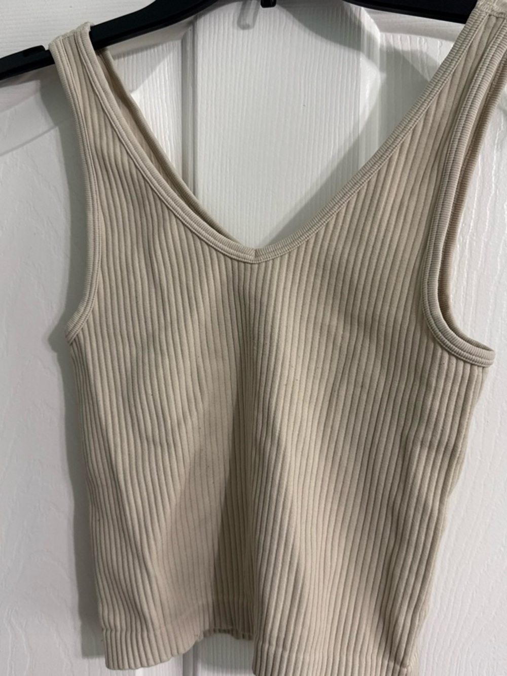 Pink Rose Ribbed V-Neck Tank Top - Beige